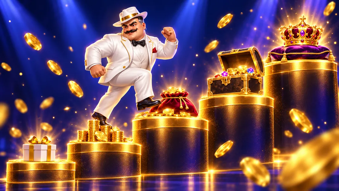 Gentleman climbing five gold podiums holding a gift box, coin stacks, a velvet pouch, a treasure chest and a crown