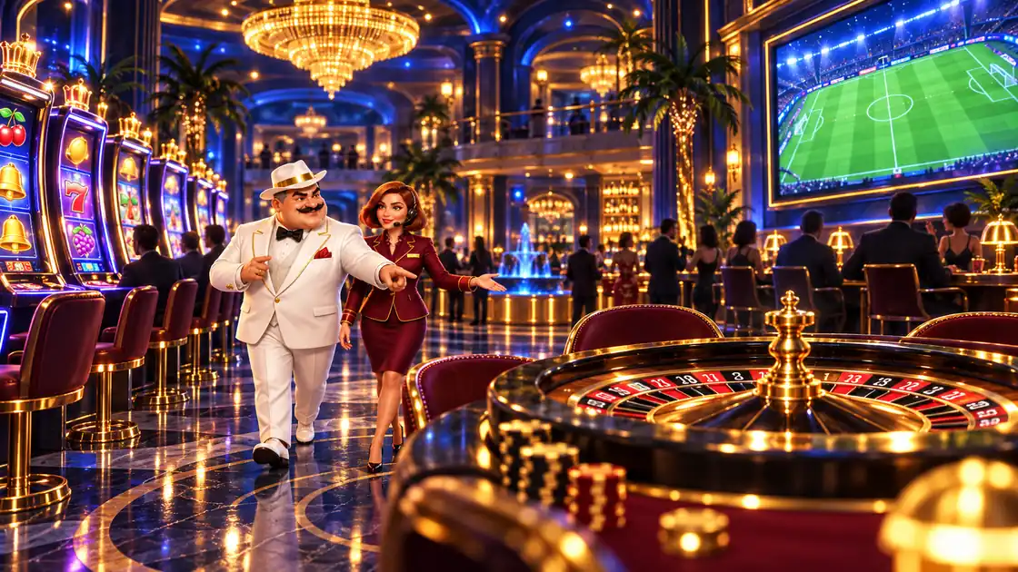 Host and concierge walking past slot machines and a roulette table with a football match on a wall screen