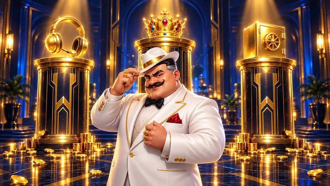 Gentleman host in a white suit tipping his hat between three gold pillars topped with a headset, a crown and a safe