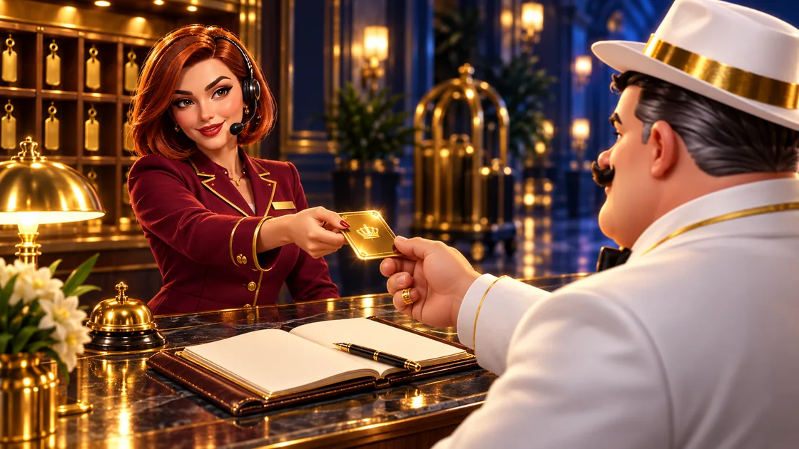 Concierge in a burgundy jacket handing a gold key card across a front desk to a gentleman in a white suit