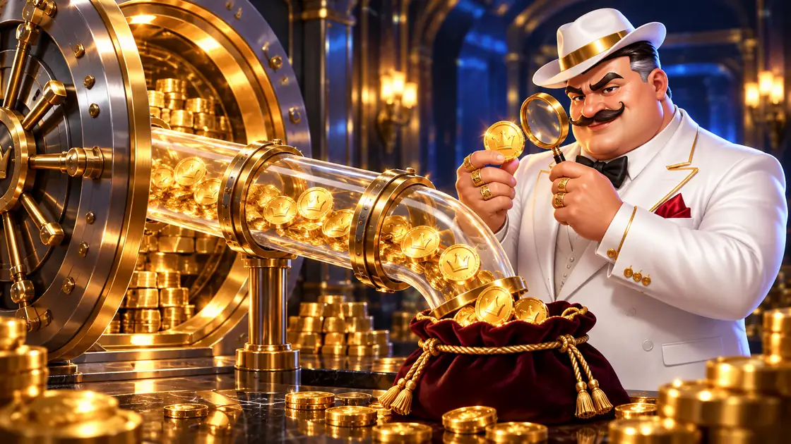 Gentleman inspecting a gold coin through a magnifying glass as coins flow from a vault through a glass tube