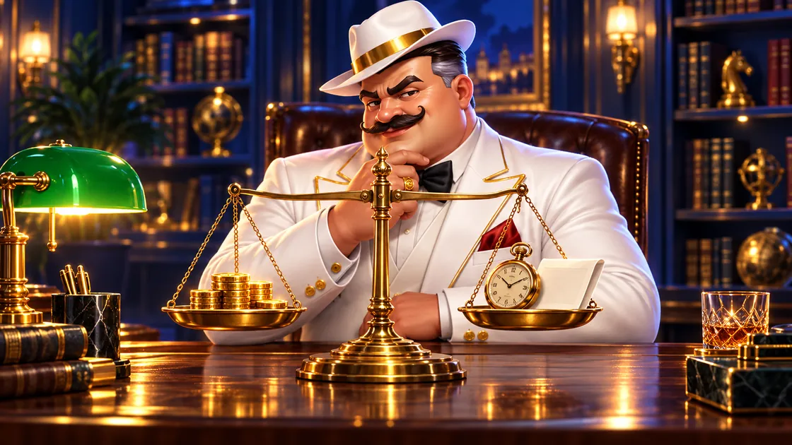 Gentleman at a desk weighing gold coins against a pocket watch on a brass balance scale